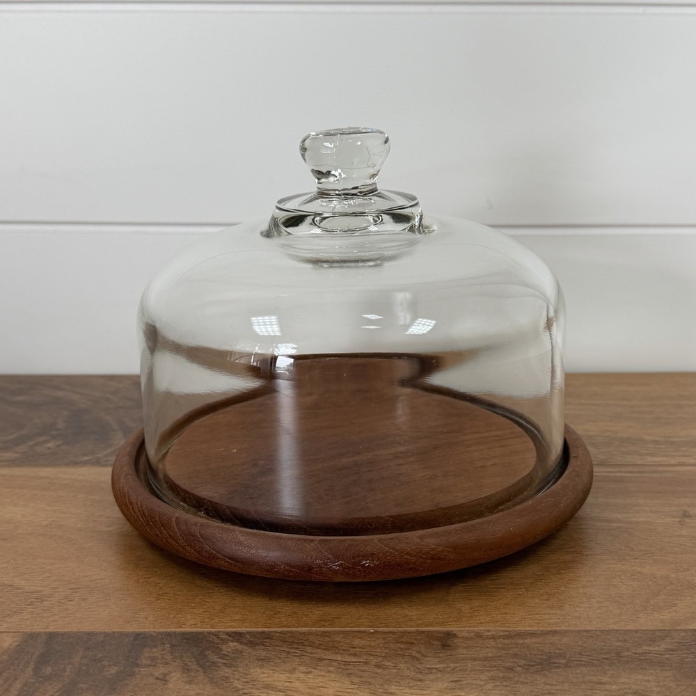 Teak Wood Platter With Glass Dome Cloche Cottage Core Kitchen Vintage Prairie